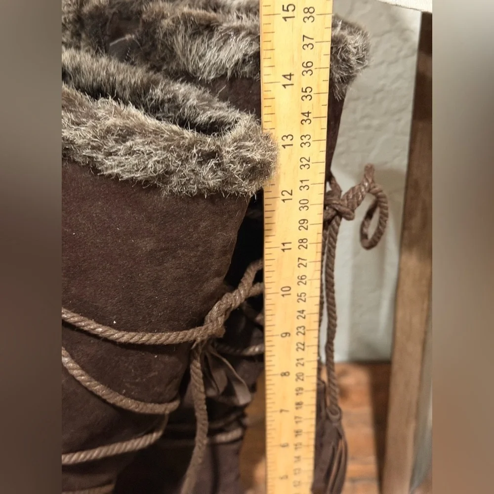 BUCCO CAPENSIS Noeles Brown SIDE ZIP KNEE HIGH BOOTS FAUX FUR TRIM Sz  10
